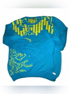 VERSACE Jeans Teal Sweater with Yellow Geometric Pattern. Size XL. Authentic.